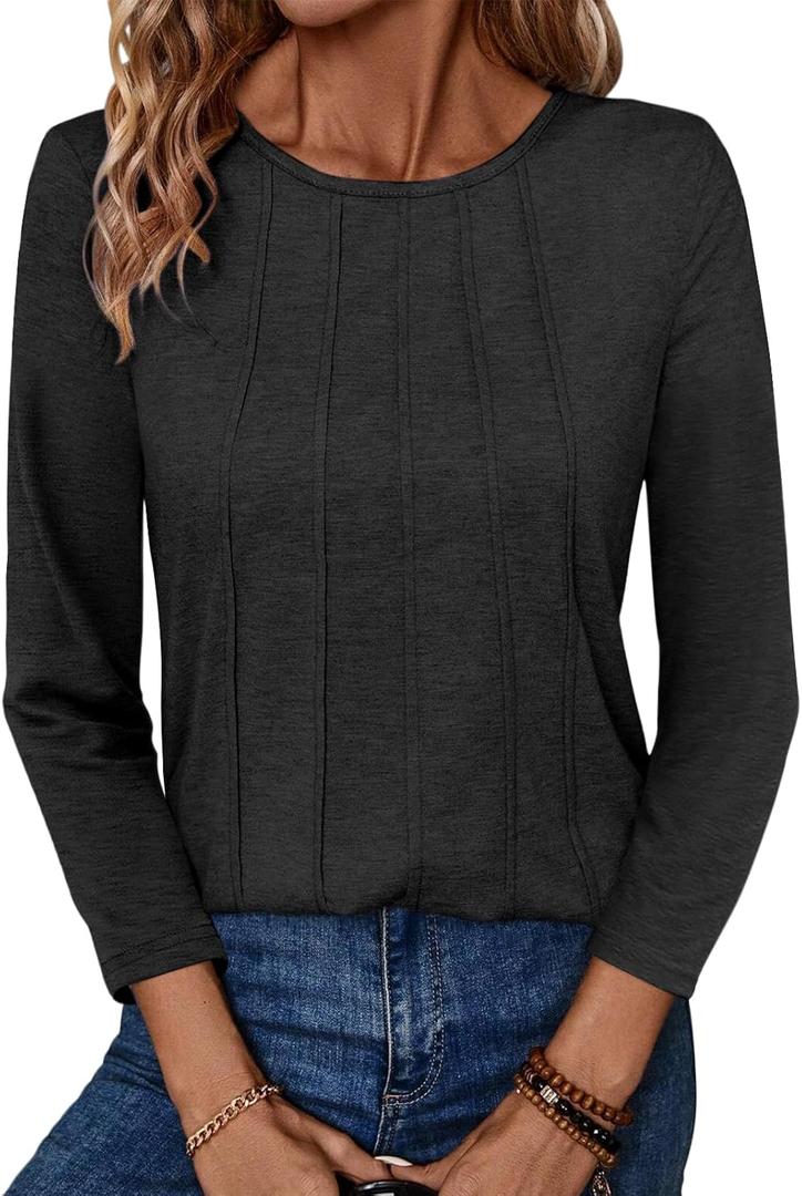 TICTICMIMI Women's 3/4 Sleeve Tops Crew Neck Pleated T Shirts Loose Fit Tunic Shirts (Large, Black)