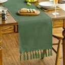 Artoid Mode Dark Green Tassel Table Runner, Linen Blend Rustic Farmhouse Style Kitchen Table Decoration Holiday Wedding Party Dinning Decor 13x90 Inch