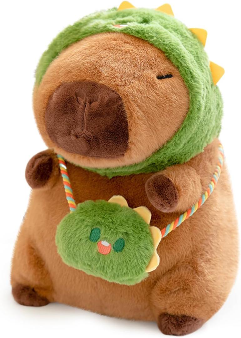 Ditucu Capybara Plush with Dinosaur Hat & Mini Bag 9.8 inch Cute Dino Capibara Stuffed Animal Soft Plushies Toys Gifts for Kids Adults Brown