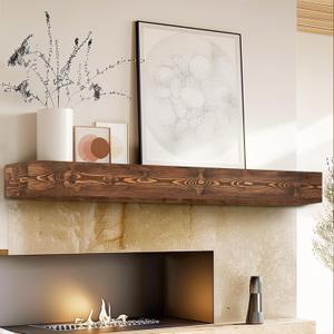 60" Fireplace Mantel, 5'' Thick Handmade Hollow Solid Wood Wall Long Floating Shelf with Invisible Wood Brackets, Brown