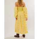 ABYOVRT Women Floral Embroidered Maxi Dress Long Puff Sleeve Square Neck Bohemian Flowy Dress with Pockets Summer Fall (Golden Yellow,M) (M)