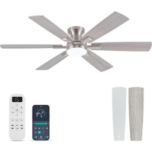 Ceiling Fans with Lights and Remote Control, Brushed Nickel Flush Mount Ceiling Fan with Light 3-Color Dimmable, Memory for Lighting and Fan Reversible, 6-Speed, Timer, Indoor/Outdoor Use, 52 Inch