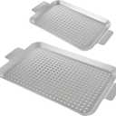 Grill Pan Set of 2, Stainless Steel Grill Topper for Outdoor Grill, Small & Medium BBQ Grilling Tray with Handle and Holes, Grilling Baskets for Meat, Seafood & Vegetables