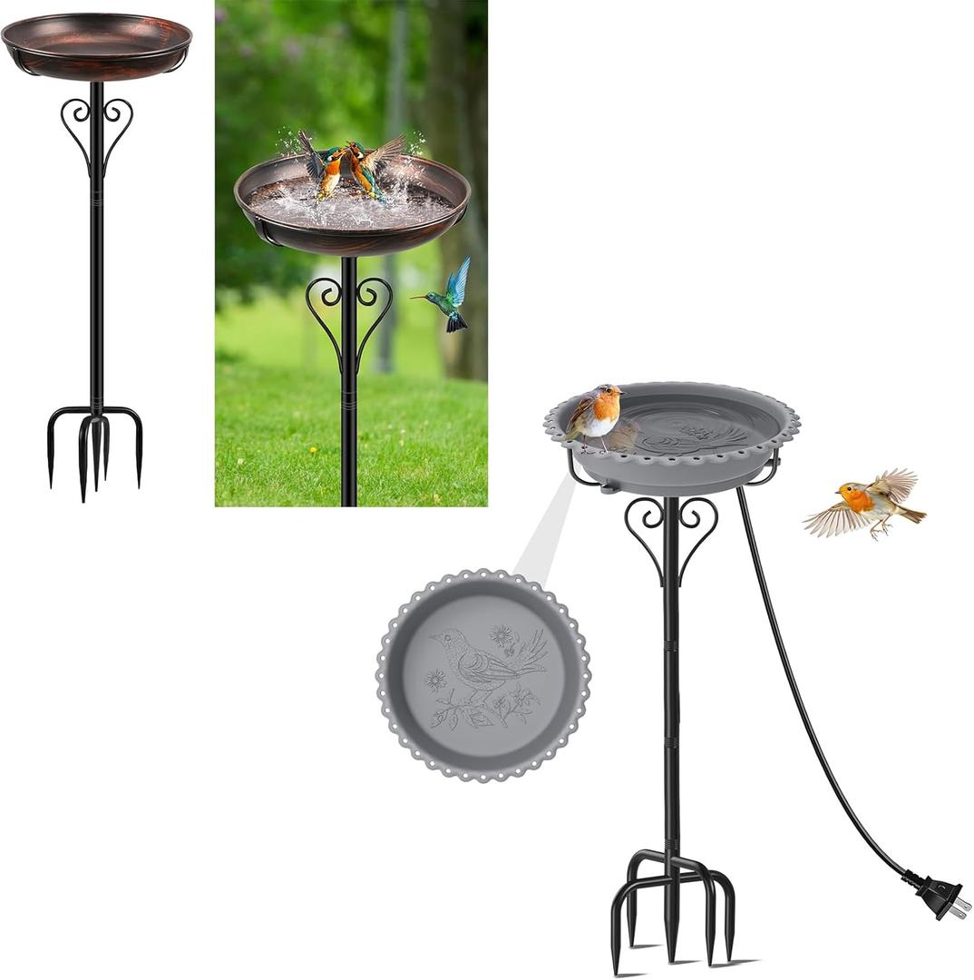 Heated Bird Bath for Winter/Summer, Powerful 100W Thermostat Control Water Heated BirdBaths Bowl for Outdoors with 5-Prong Metal Base Heated Bird Bath (Vintage Bronze+Grey)