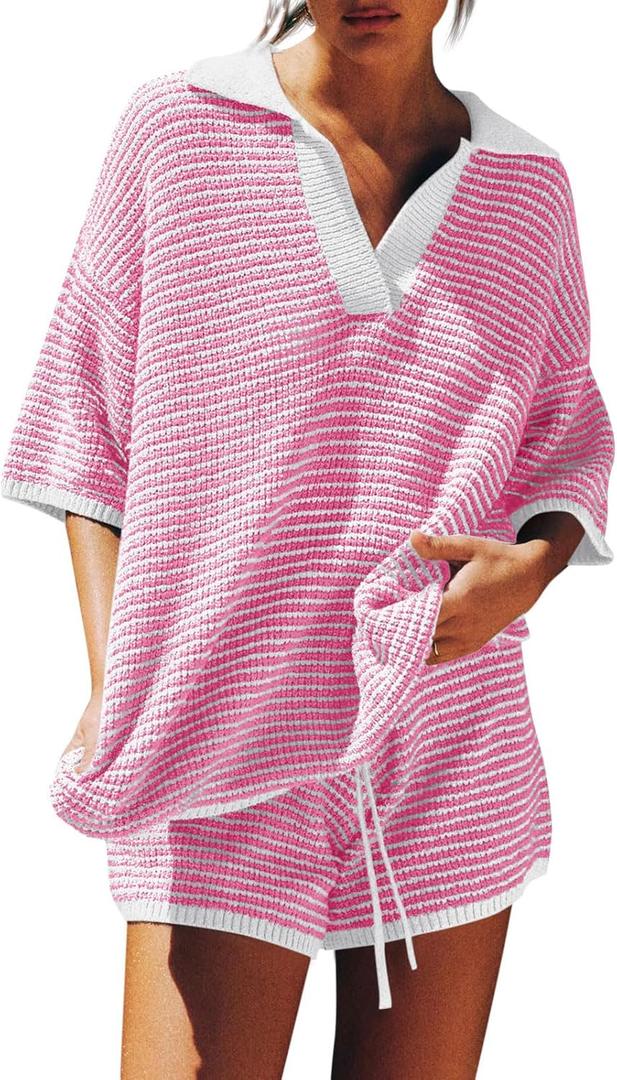 Tankaneo Womens Sweater Set 2 Piece Outfits Oversized 3/4 Sleeve V Neck Knit Tops High Waisted Shorts Lounge Sets (X-Small, Light Pink)