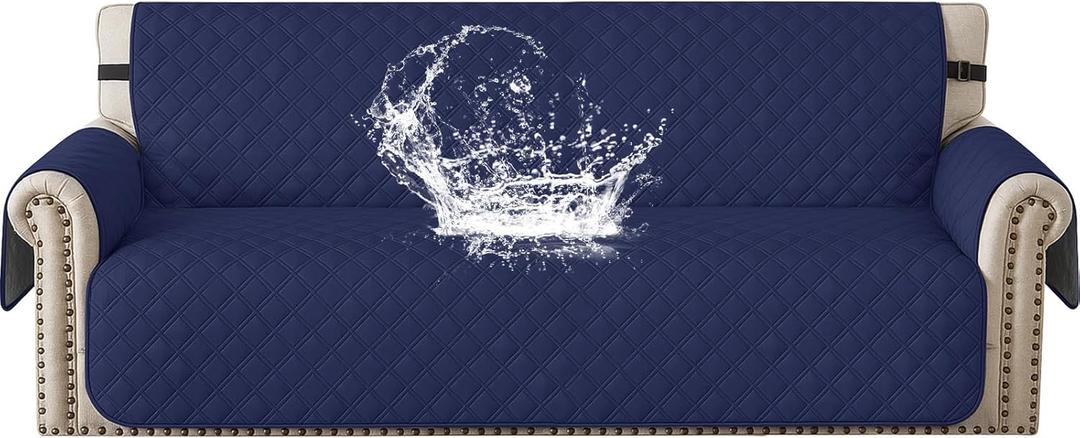 CYCMACO Waterproof Couch Cover for Pets, Sofa Covers for 3 Cushion Couch Washable, Non Slip Couch Covers for Dogs with Side Pockets Elastic Straps, Quilted Couch Covers for Sofa (Sofa, Navy Blue)