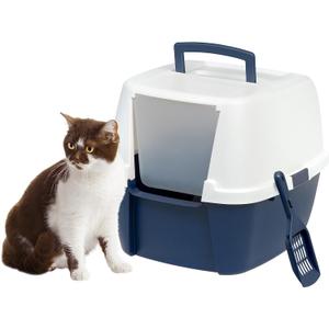 IRIS USA Cat Litter Box, Large Enclosure with Front Door Flap and Scoop, Covered Box with Handle and Buckles for Portability and Privacy, Navy/White