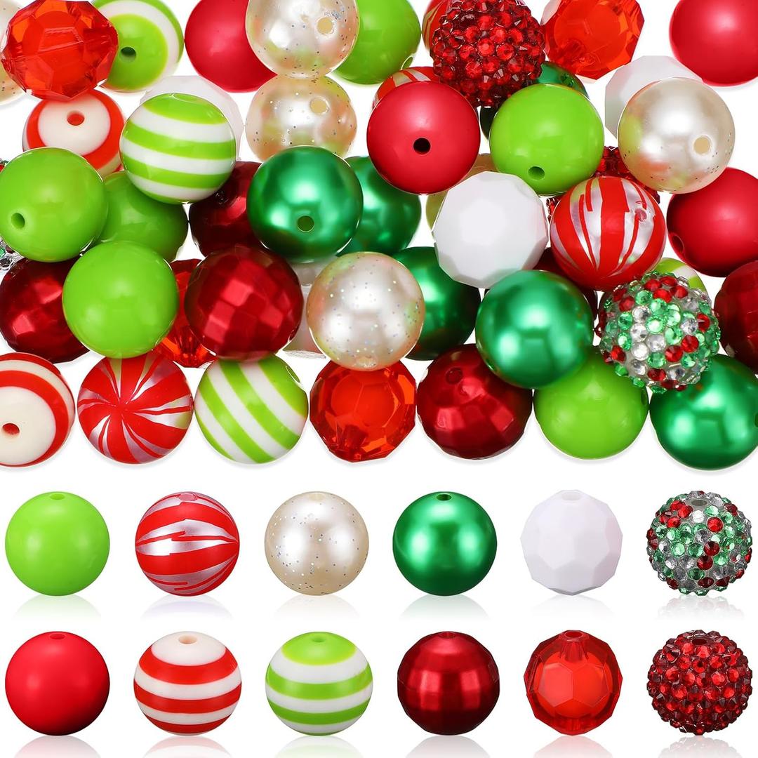 Sintuff 50 Pcs Christmas Bubblegum Beads Bulk 20 mm Red Green Colored Acrylic Plastic Spacer Gumball Beads for Xmas DIY Bracelet Pendant Necklace