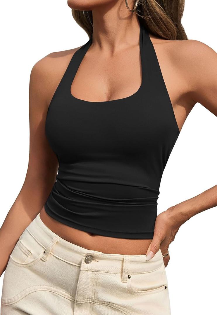 MAOECO Womens Tank Tops Sexy Halter Neck Going Out Tops Summer 2025 Trendy Backless Workout Shirts Sleeveless Y2k Clothes Black XS