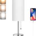 Dott Arts Table Lamp for Bedroom, 3-Color Bedside Lamps with Pull Chain, Bedroom Table Lamps for Nightstand,AC Outlet Small Lamp for Living Room, Bulb Included Nickel (15 in, Nickle-White)