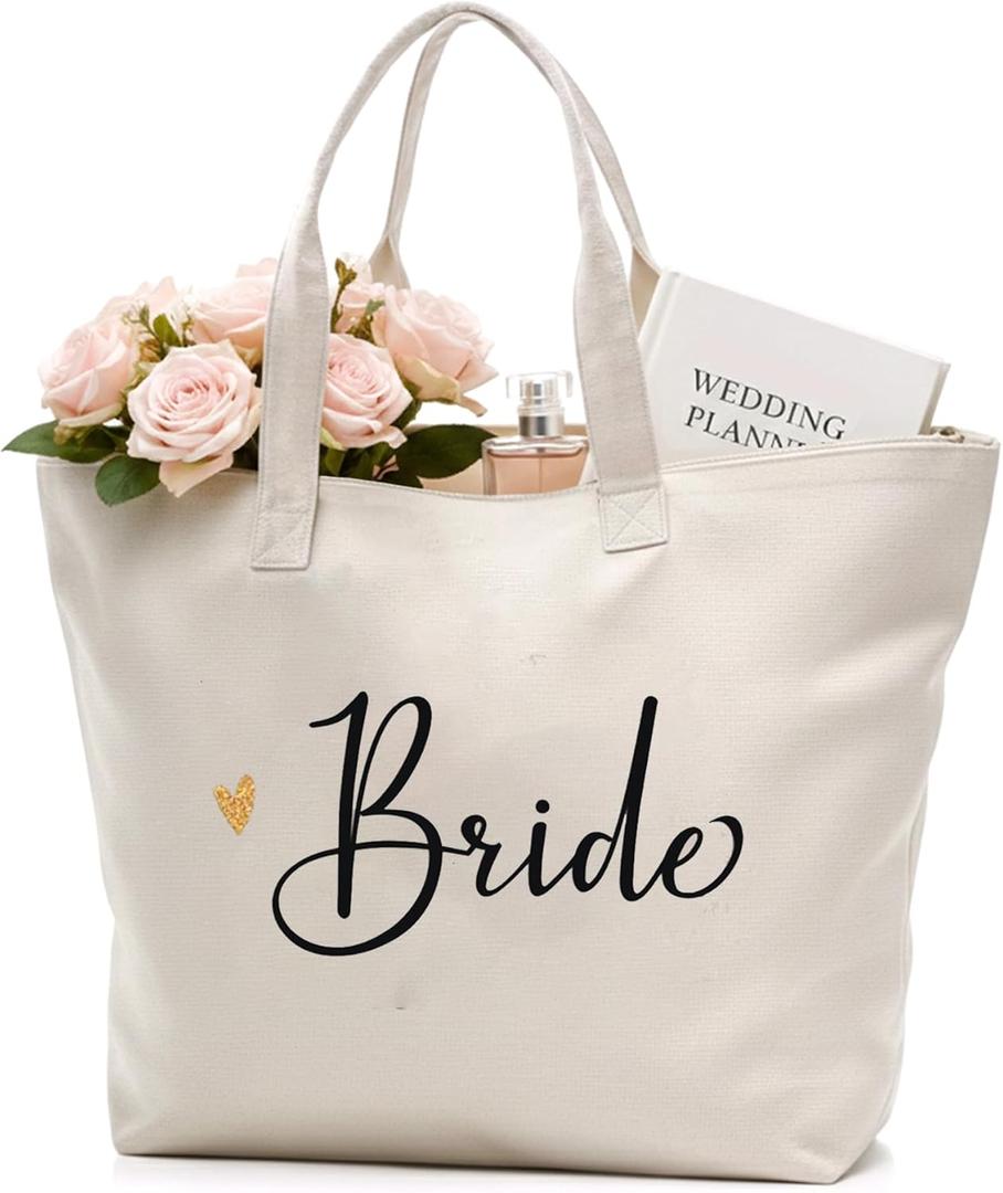 CARAKNOTS Bride Tote Bag for Wedding Large Natural Canvas Wedding Essential Bag with Zipper and Pocket, Bridal Shower Gifts for Bride to be, Bachelorette, Engagement Honeymoon Beach Shoulder Bag