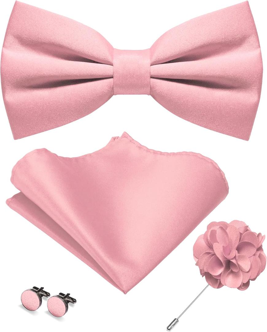 JEMYGINS Solid Color Pre-tied Bow Tie and Pocket Square Cufflinks Lapel Pin Sets for Men 4PCS