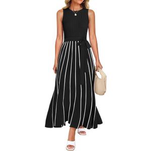 ZESICA Women's Summer Sleeveless Maxi Dress 2025 Crewneck Ribbed Knit Tie Waist Casual A Line Sweater Dresses, Black, L