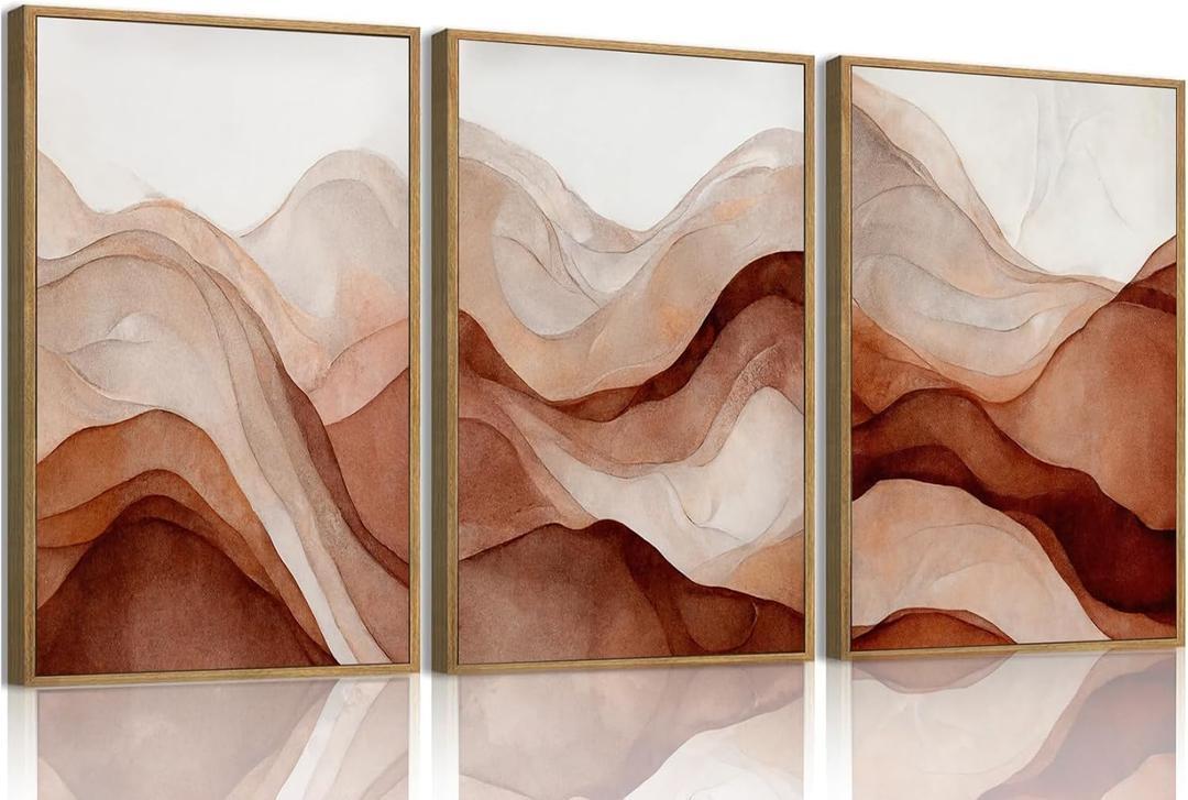 myusuar 3 Piece Large Abstract Framed Wall Art For Living Room, Smoke Texture Ink Warm Brown Terracotta Canvas Wall Art Modern Minimalist Art Prints Wall Dcor For Bedroom Office 16x24in