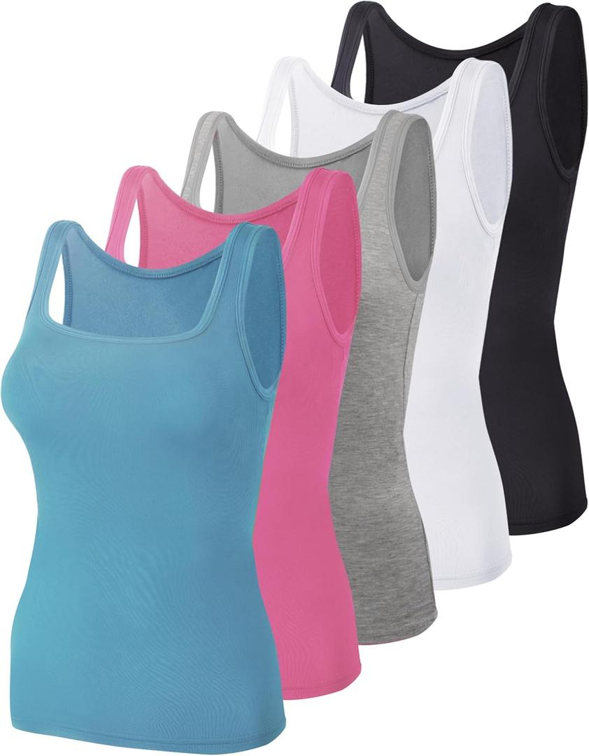 BQTQ 5 Pack Women's Tank Tops Square Neck Sleeveless Ladies Tank Top Undershirts (X-Large, Black,white, Gray, Blue, Rose Red)