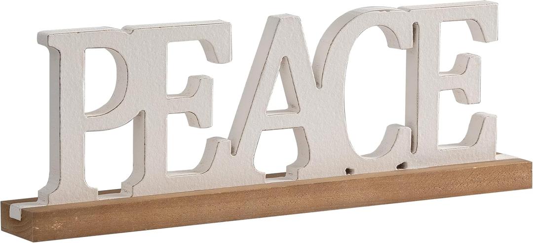 Rustic Peace Sign Decor for Tabletop 16 Inch, Handmade Distressed White Peace Sign Ornament, Wooden Signs for Home Decor Living Room, Farmhouse Kitchen Thanksgiving Christmas