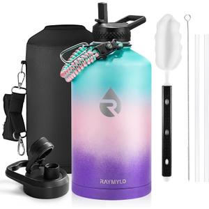 RAYMYLO One Gallon Water Bottle Insulated, Triple Walled Vacuum Stainless Steel (Cold for 48 Hrs), Leak Proof & Non-BPA, Large Water Flask Jug with Paracord Handle & Straw Spout Lids (128 Ounces, Green Pink Purple Gradient)