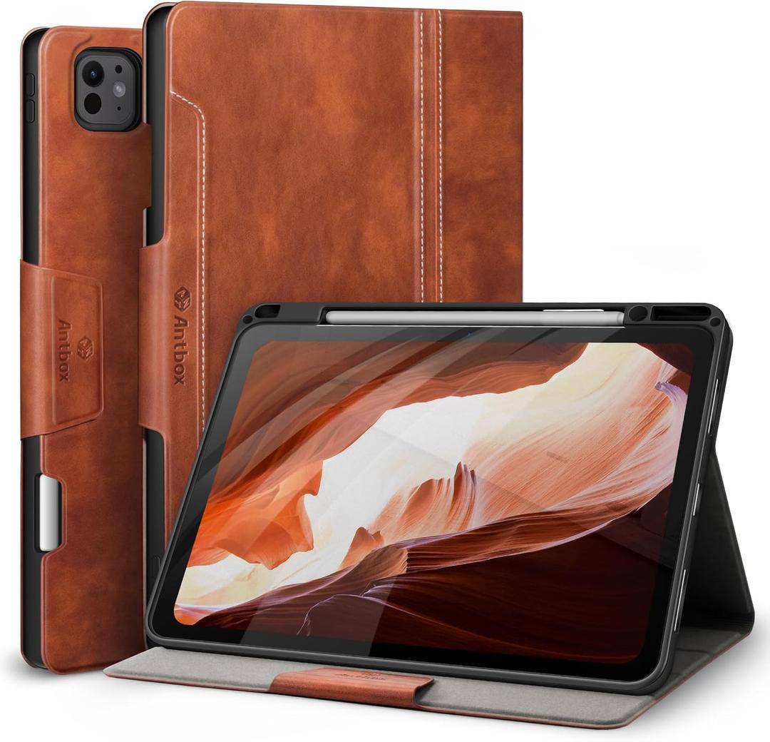 Antbox for iPad Pro 13 Inch Case M5 2025/M4 2024, Built-in Pencil Holder, Supports Pencil Pro/(USB-C), Auto Sleep/Wake, PU Leather (Brown)