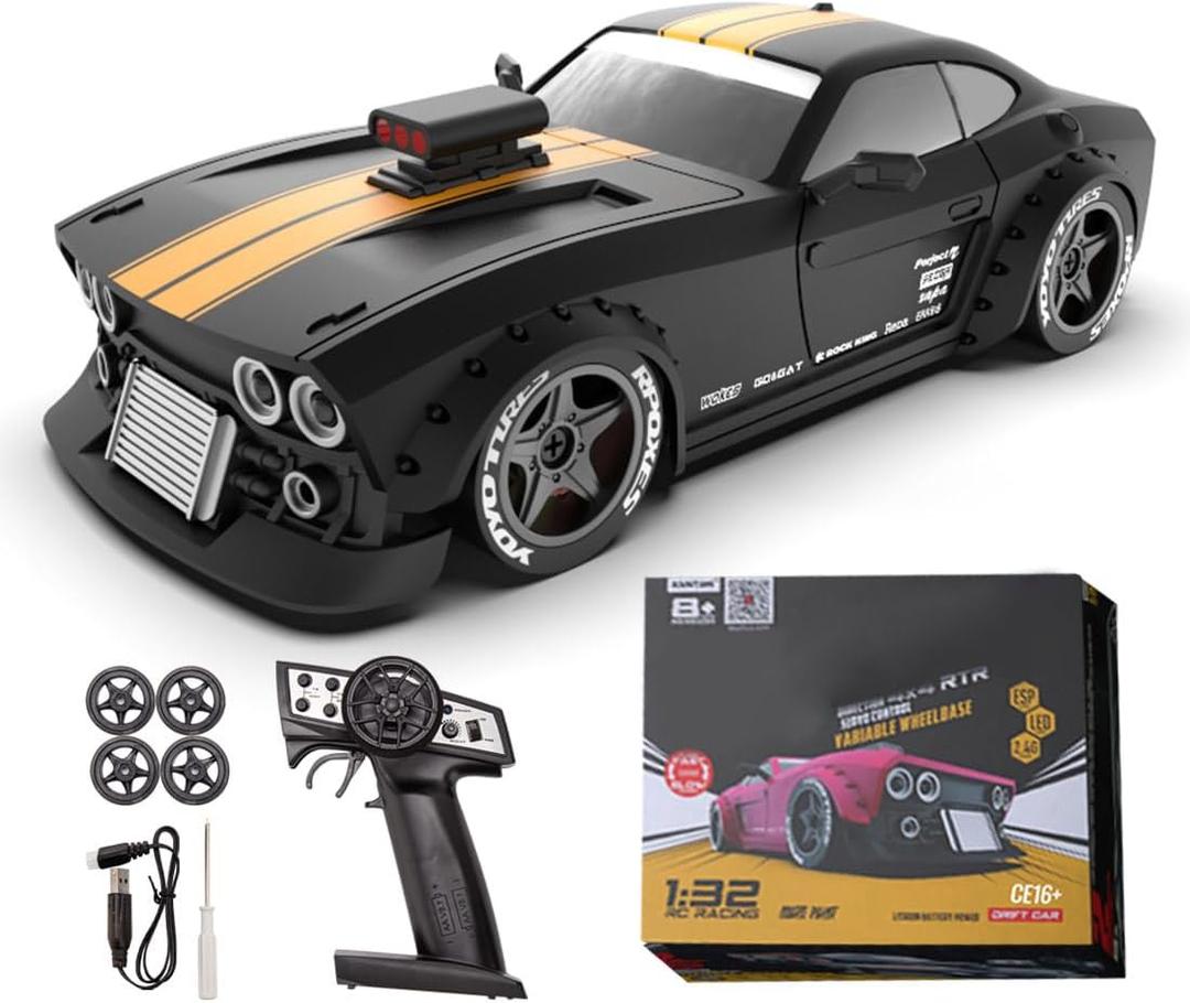 KM3299 RC Drift Car, 1:32 Scale High-Speed 4WD Mini Electric Remote Control Drift Vehicle, 30 km/h with Gyro Stabilization and LED Lights 2025 Gift for Adult (Black)