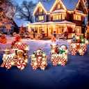 Marsui 4 Pcs Christmas Train Decoration Yard Sign with 4 LED Light Lawn Sign Christmas Red Gingerbread Penguin Snowman Train Set with 8 Stake for Xmas Garden Outdoor Holiday Party Decor