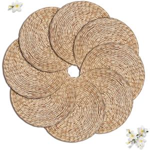Natural Round Placemats Set of 8, Woven Placemats 13.7", Herringbone Pattern, Table Mats Braided Heat Proof, Farmhouse Boho Table Place Mat Ourdoor Wicker Chargers for Dinner Plates