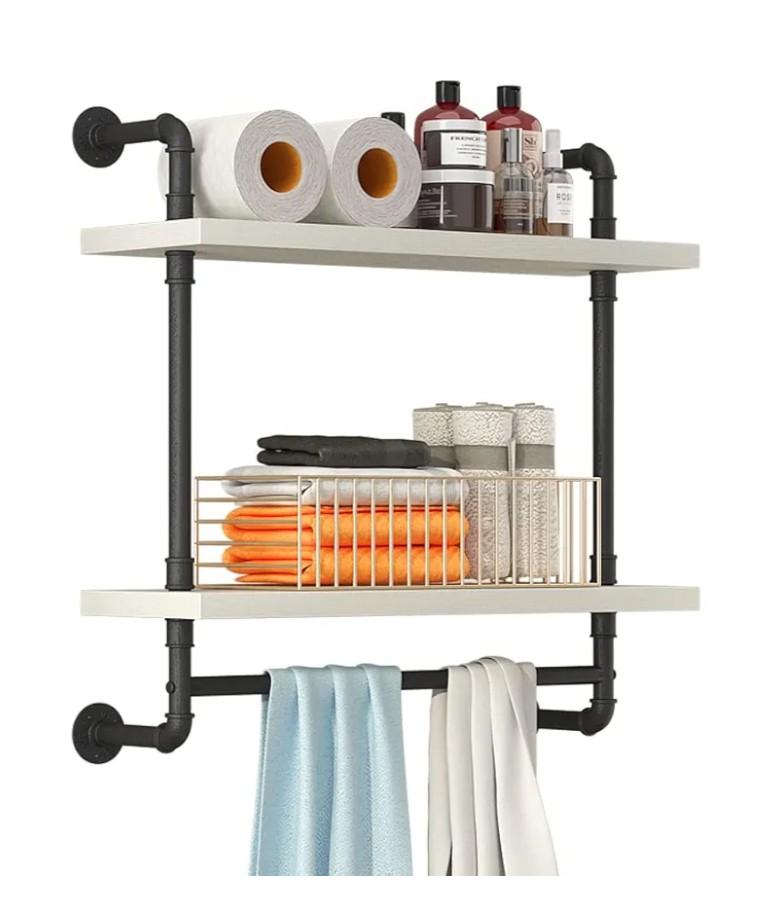 Helsin 24inch Industrial Pipe Shelving Bathroom Shelves Wall Mounted with Towel bar, 2 Tier Rustic Wood Floating Shelf, Metal Towel Rack Wall Shelf for Home & Bathroom (White, 24inch)