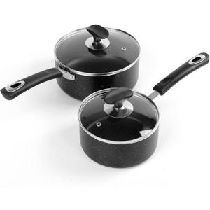 Nonstick Saucepan Set with Lid, Non Stick 1.5QT & 2.5QT Sauce Pan Set with Glass Lid Small Pot for Home Kitchen (Black)