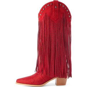 AIJIVOU Women's Rhinestone Fringe Cowgirl Boots, Sparkly Western Cowboy Boots Pointed Toe Knee Block Chunky Middle Heel Pull On Mid Calf Boots for Women Girl Party (12, Red)