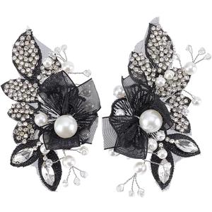 FINGERINSPIRE 1 Pair 4.4x2.5x0.5inch White Pearl Beaded Applique Rhinestone Flower Patch DIY Crafts Wedding Dress Embellishment for Bridal Hair Comb Decoration Black Floral Sew On Decoration
