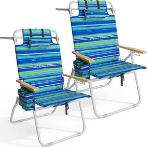 Tall Beach Chairs for Adults, 17" High Backpack Beach Chair with Wooden Armrests, 5 Positions Reclining Heavy Duty Chair with Large Cooler Pouch, Support to 350LBS Striped Blue&Green,2pack