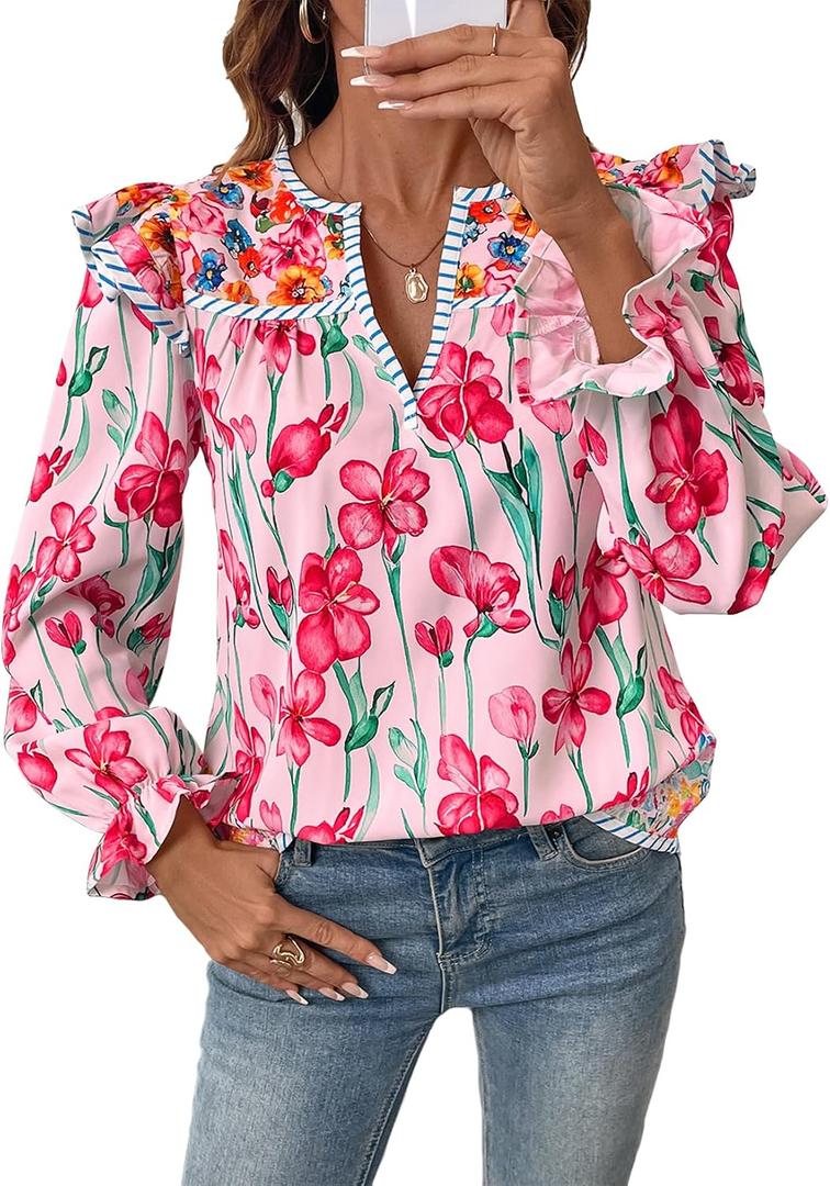 SHEWIN Women's Blouses Split V Neck Mixed Floral Print Long Sleeve Chiffon Fall Tops Striped Trim Shirts (Pink, XXL)
