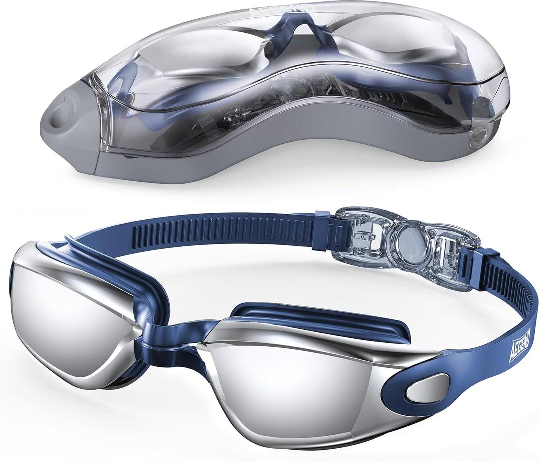 Aegend Swim Goggles, Swimming Goggles No Leaking Full Protection Adult Men Women Youth (Bright Sliver With Blue Strap)