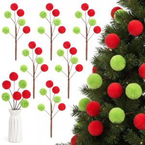 Pinkunn 6 Pcs Furry Christmas Picks, 12" Christmas Tree Decoration Plush Berry Stems Xmas Ornament Artificial Branches for Tree Topper Holiday Wreath Crafts Home Decoration(Red,Green)