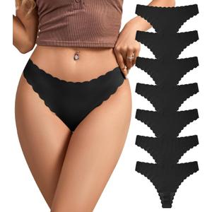 SHARICCA Womens Seamless Thongs No Show Underwear Soft Ribbed Invisible Panties Wave Edge Multi Pack (Large, 7p04 - All Black)