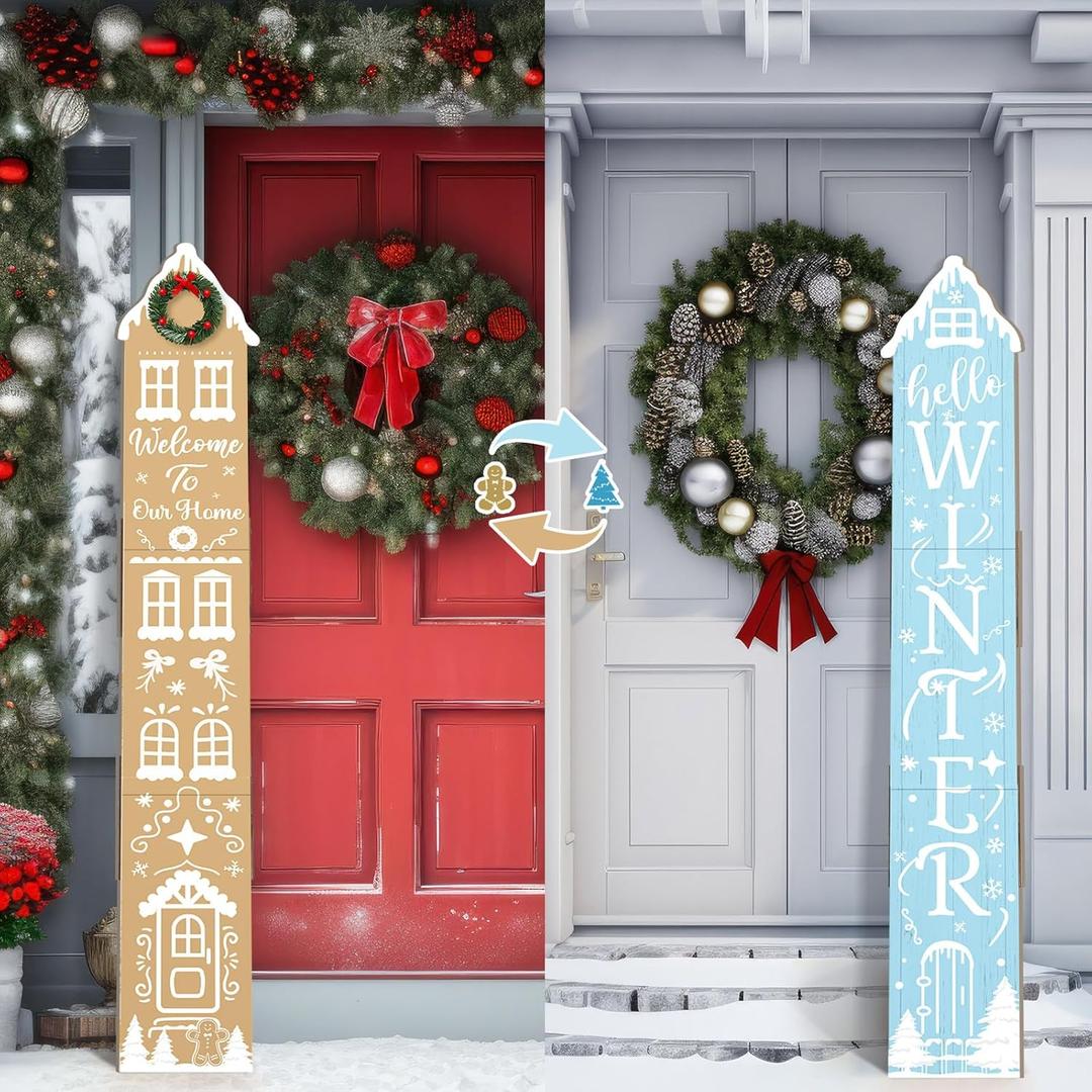 47 2 In1 Wooden Gingerbread House Outdoor Decoration Hello Winter Porch Christmas Welcome Sign Gingerbread House Decor Winter Outdoor Porch Sign for Front Door Hanging Christmas Home Decor