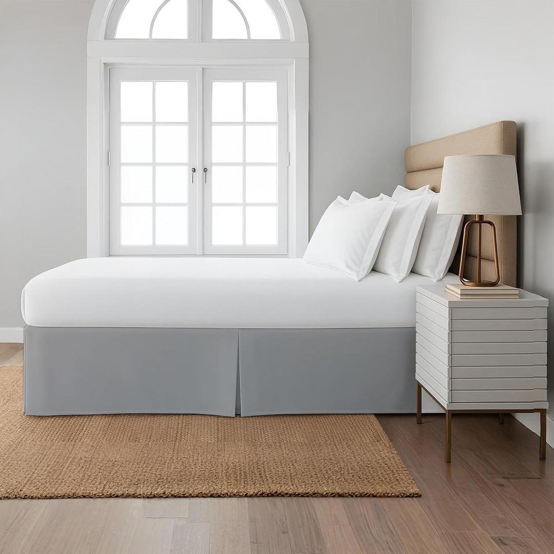 Cottingon Box Pleated Bed Skirt with Split Corners, 100% Microfiber Soft, Sheen & Luxurious Look, Tailored Drop Easy Fit, Queen 16", Light Grey