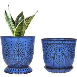 Gepege 6 Inch Beaded Ceramic Planter Set of 2 with Drainage Hole and Saucer for Plants, Indoor-Outdoor Large Round Succulent Orchid Flower Pot (Blue, for Inner-pots not Larger Than 5 Inch)
