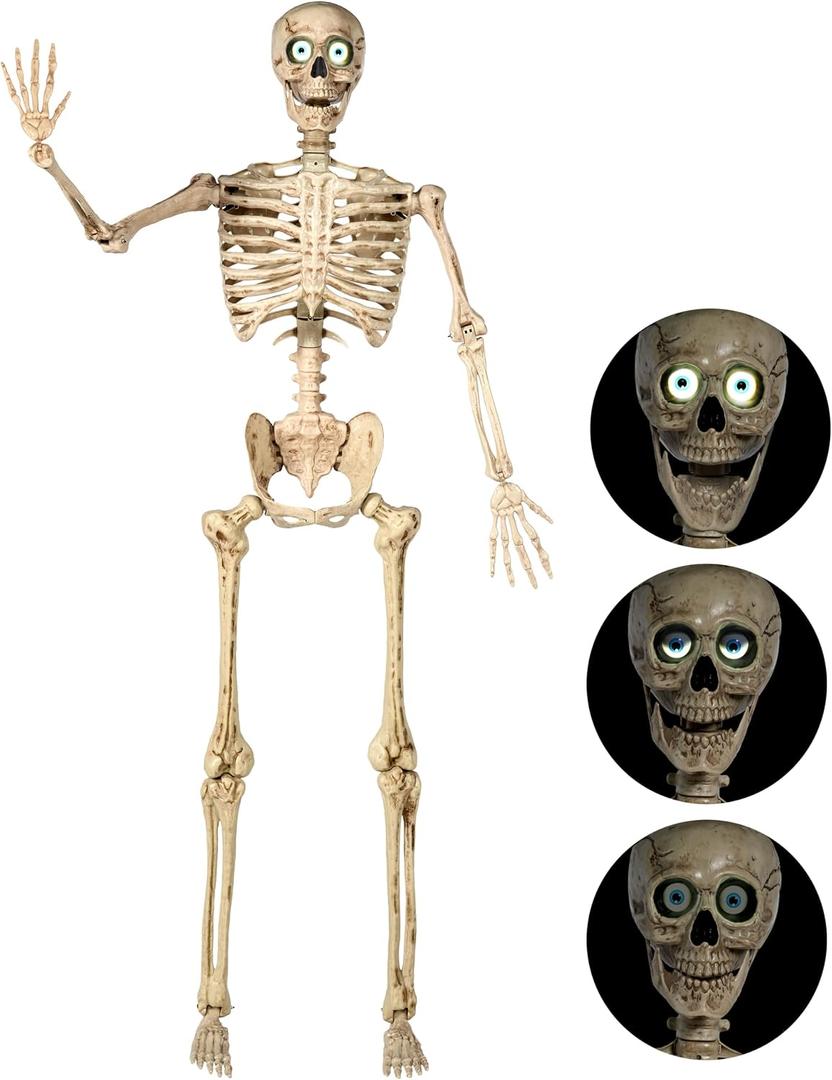 JOYIN 6.9 FT Halloween Posable Skeleton Life Size, Voice Sensing Blink Eyes Moving Jaw, Giant Skeletons Bones Full Body Movable Joints for Indoor Outdoor Halloween Party Decoration, Hounted House Prop