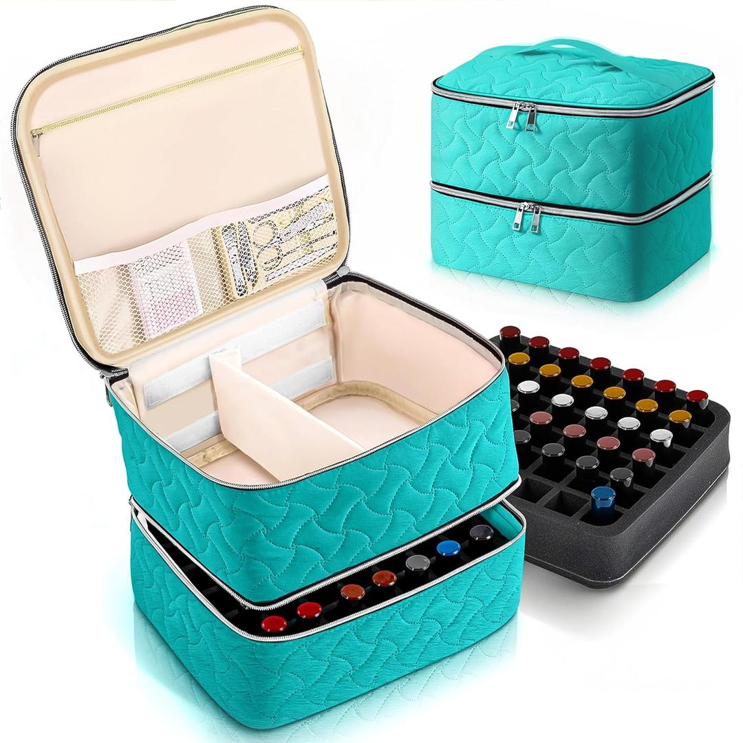 DreamGenius Nail Polish Organizer Case Holds 42 Bottles, Portable Double-Layer Nail Polish Storage Bag with Adjustable Dividers for Manicure Tools, Blue (Cyan)