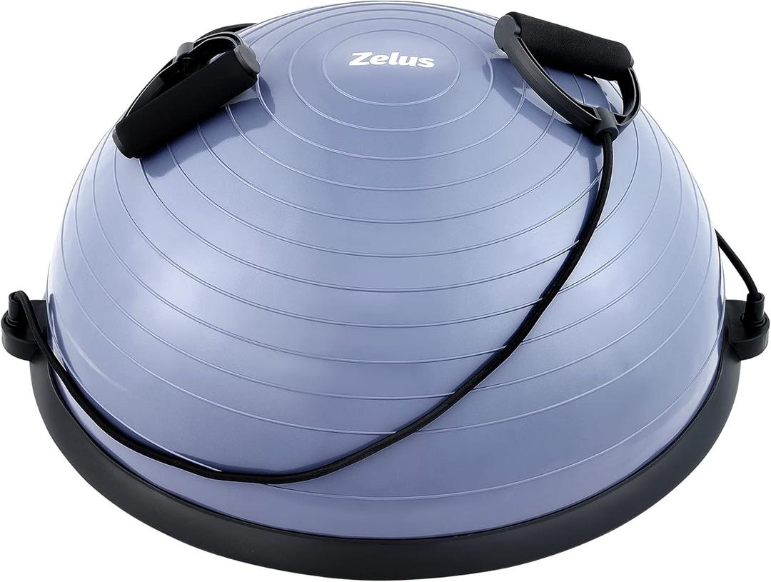 ZELUS Balance Ball Trainer with Resistance Bands and Foot Pump, Inflatable Yoga Ball for Home Gym Workouts, 23 Inch Exercise Half Ball for Balance Training Core Strength Fitness More, 330lb Cap (Dutch blue)
