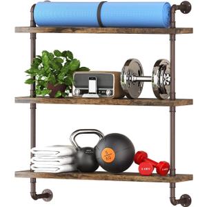 Helsin 3 Tier Industrial Pipe Shelf Rustic Wood Floating Wall Display Bookshelf Storage Rack Sundries Holder for Kitchen Office Bathroom Organization and Home Decor (32 Inch)