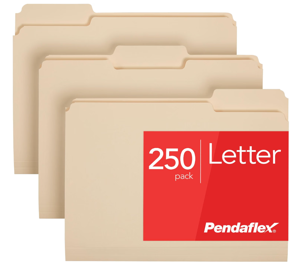 Pendaflex File Folders, 250-Pack, Letter Size, Manila, 1/3-Cut Tabs, Premium Paper Folders for File Cabinets, Home, Office & Classroom Document Organization, 3-Tab Letter File Folders