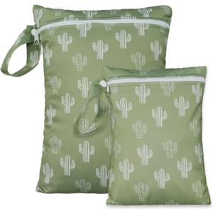 2 Sizes Wet Bags, Waterproof Storage Bag for Baby Diapers and Pump Parts, Reusable Diaper Bag with Zippered Pockets and Handle, Travel Bags, Beach, Pool, Gym Bag for Swimsuits & Wet Clothes, Set of 2 (Green)(36 x 26cm)