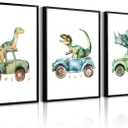 Dinosaur Nursery Wall Art Kids Canvas Poster Baby Boy Nursery Wall Decor Green Dino Pictures Toddler Prints Cartoon Dino Car Painting Boys Room Artwork for Bedroom Bathroom 12x16x3 Inch Unframed