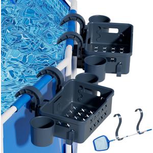 2 Sets Poolside Storage Basket Above Ground Pool Accessories for Most Frame Pools to Organize Towel, 2025 Upgrade Swimming Pool Storage Basket with 2 Skimmer Net Holder 4 Pool Cup Holder