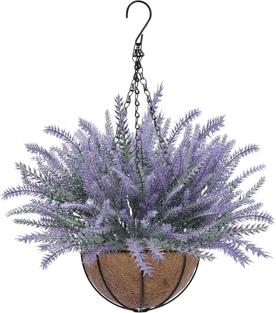 Fake Hanging Plants Baskets Artificial Flowers for Outdoors Spring Summer Decoration, Realistic UV Resistant Faux Lavender Hanging Flowers for Porch Home Gardens Balcony Yard Planter Outside Decor (Purple)