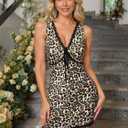 Womens Leopard Lace Trim Sexy Club Dress Bow Tie Front Sleeveless Cheetah Print V Neck Bodycon Night Out Y2K Mini Dress (L)