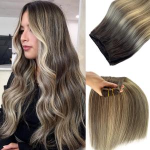 Platinum Blonde Highlight Human Weft Hair Extensions Balayage Sew in Real Hair Bundles 20inch 100G Hand Tied Light Brown to Caramel Blonde with Brown Roots Weft Virgin Hairs Extensions