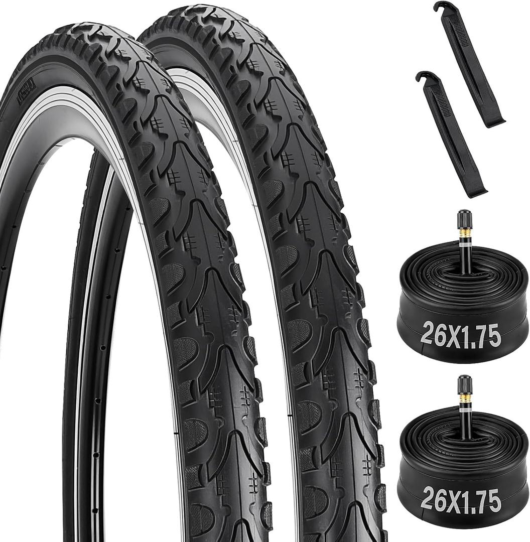 2 Pack 26X1.75 Bicycle Tire, Folding 26X1.75 Mountain Bike Tires with Schrader Valve and 2 Tire Levers, Replacement for Road/Street//MTB/Cruiser Bike Tires and Tubes 26 x 1.75 26x1.95 26x2.0