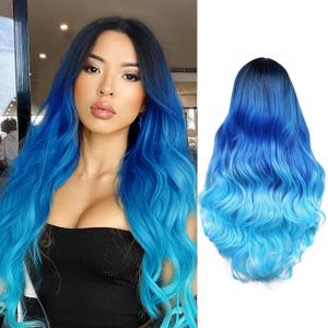 WIGER Long Blue Wavy Wigs for Women Ombre Blue Body Wave Mermaid Hair Wigs Long Curly Synthetic Hair for Daily or Cosplay